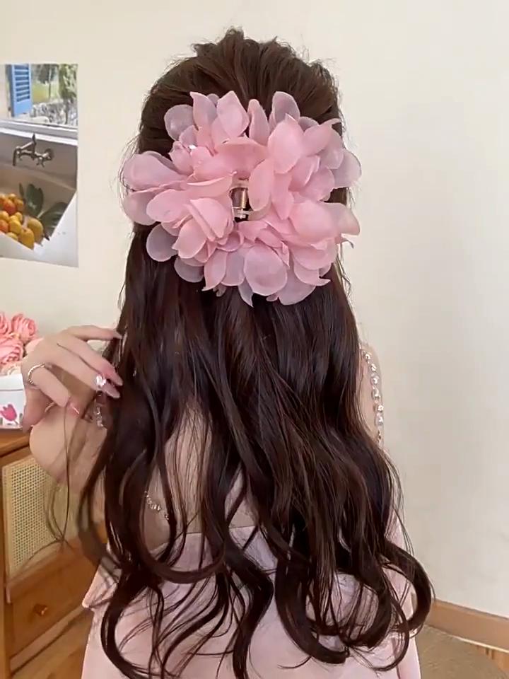 Super Fairy Chiffon Pearl Flowers Crab Hairpin for Hair Trendy Hair Claw Popular Ponytail Shark Clip Woman Barrettes Hairgrips
