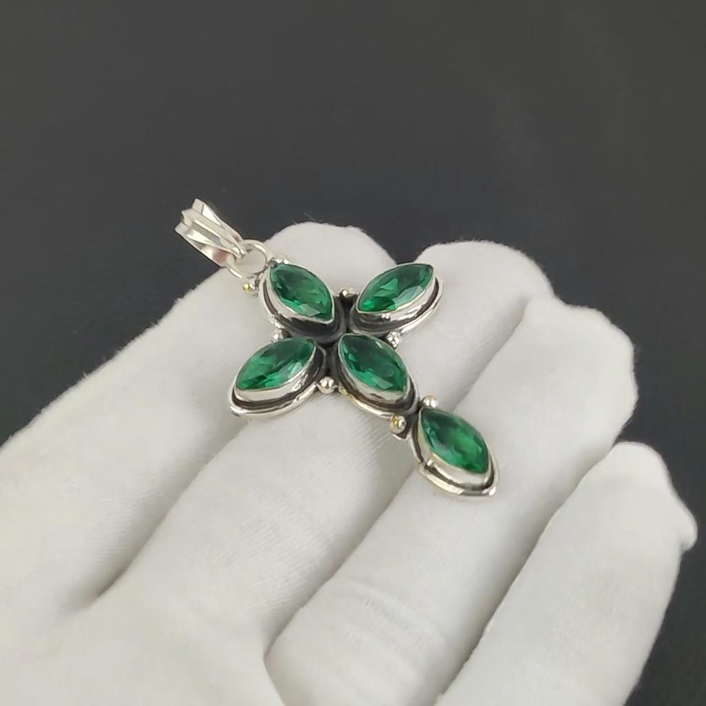 Beautiful Green Apatite Gemstone Silver Cross Pendant in 925 Sterling Silver- Handmade Design, Everyday Wear Jewelry, Unique Pendant Father's Day Gift