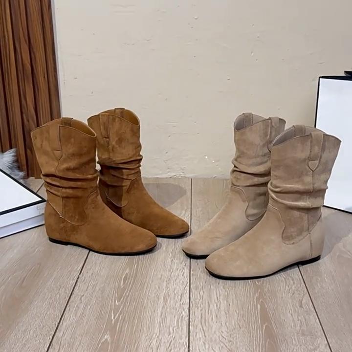 Retro Ankle Boots Pleated Slouch Boots Wedge Heels Soft-soled Western Cowboy Boots Round Toe Winter Boots