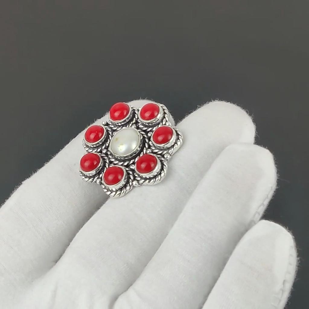 Natural Mother of Pearl, Red Coral Gemstone Handmade 925 Sterling Silver Ring - Bohemian Jewelry Ring - Handmade Boho Jewelry for Women & Men, Gifts