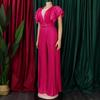 Luxury Pleated Jumpsuits Rompers Women Sexy V Neck Ruffles Sleeve Belt Waisted Floor Length Elegant Overalls