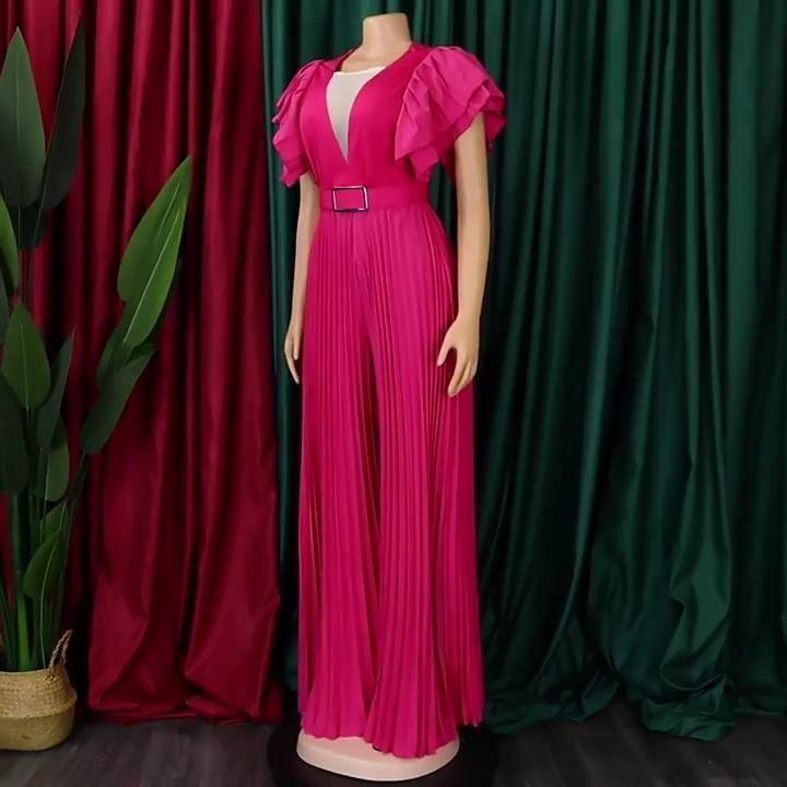 Luxury Pleated Jumpsuits Rompers Women Sexy V Neck Ruffles Sleeve Belt Waisted Floor Length Elegant Overalls