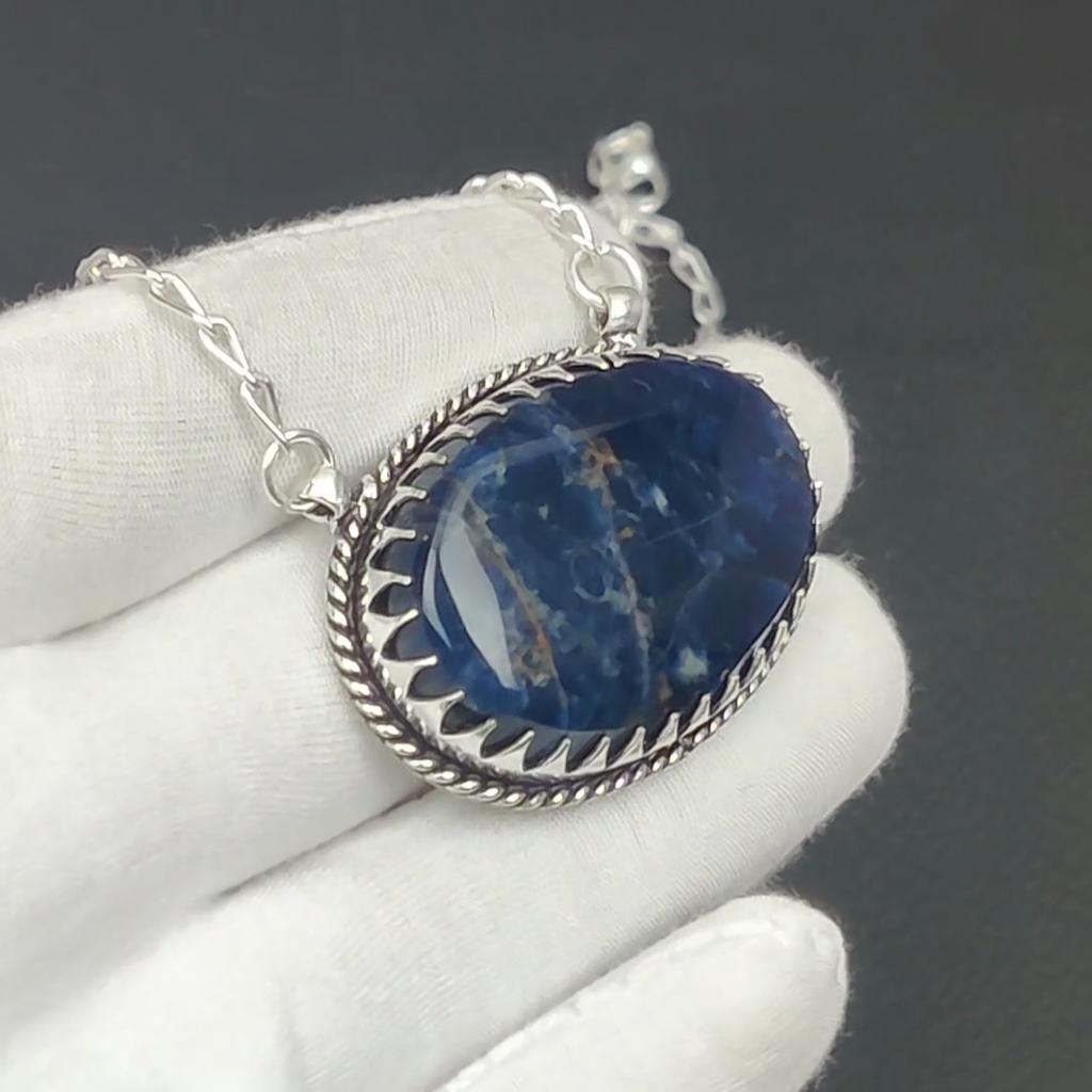 Sodalite Gemstone Jewelry Necklace, Natural Sodalite 925 Sterling Silver Charm Necklace For Wedding Gift, Silver Necklace For Women Gifts