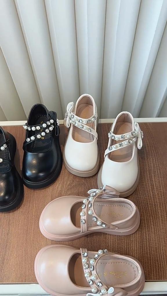 Girls' Fashionable Leather Shoes Children's Bow Princess Shoes Stylish Rhinestone Single Shoes Soft Sole Performance Shoes