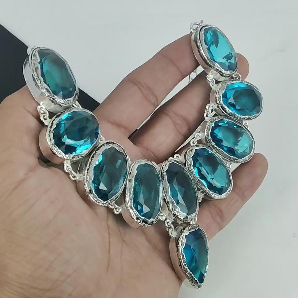 Delikatny Kamień Topazu Błękitnego Ręcznie Robiony Naszyjnik Srebro Sterlingowe 925 Elektroformowane, Topaz Błękitny Srebrny Dla Żony Naszyjnik Unisex Prezenty Ślubne