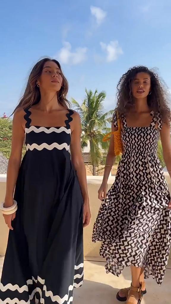 Contrast Wave Strap Holiday Dress Women Casual Vacation Loose Tube Top Dresses Female 2024 Chic Fashion Stripe Robes Newest