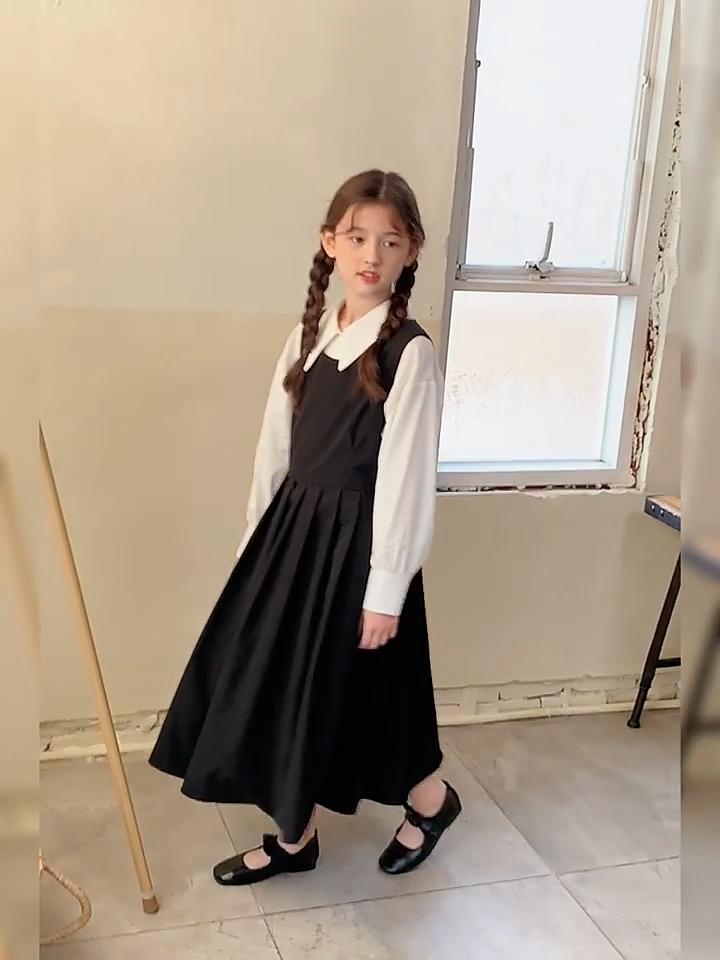 Girls' Autumn Clothing Suits Black Suspender Skirt Two-Piece Set