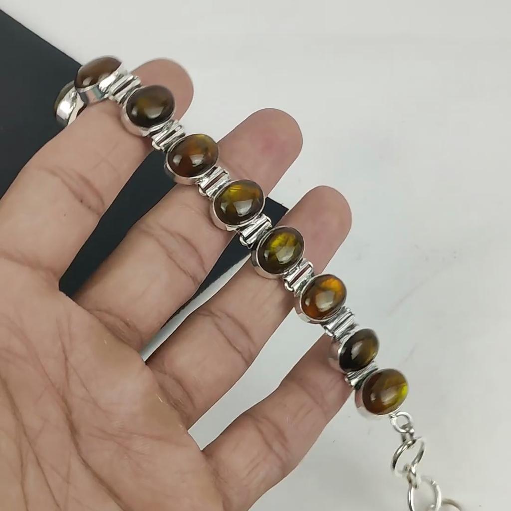 Natural Yellowe Flash Labradorite Gemstone Handmade 925 Sterling Silver Bracelet, Yellowe Flash Labradorite Bracelet For Wife , Unisex Bracelet