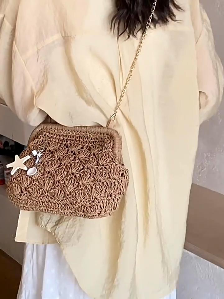 Yogodlns Women Straw Shoulder Bag Chain Strap Woven Crossbody Bags Large Capacity Cloud Clutch Purse Stylish Solid Color Beach Handbags
