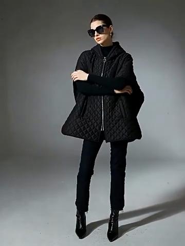 Women Hooded Quilted Poncho Cape Zip Up Warm Polyester Padded Shawl Coat With Pockets Fall Winter Outerwear 97x71cm