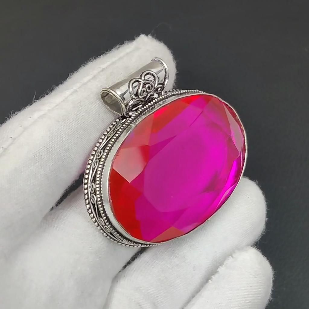 Big Pink Mystic Topaz Gemstone Silver Pendant In 925 Sterling Silver- Handmade Design, Everyday Wear Jewelry, Unique Pendant Father's Day Gift