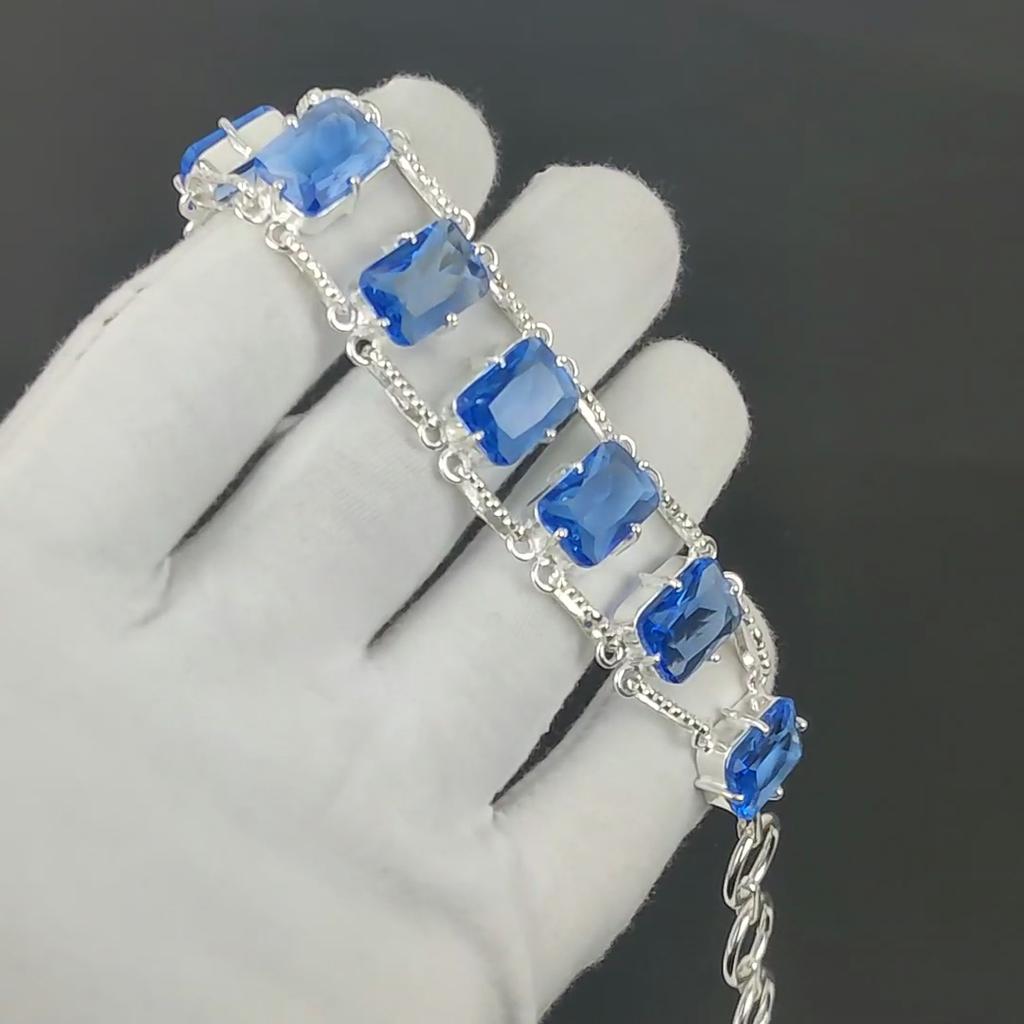 Faceted London Blue Topaz Bracelet 925 Sterling Silver Jewelry Adjustable Chain Bracelet Cushion Shape Gemstone Handmade Jewelry Gift For Her