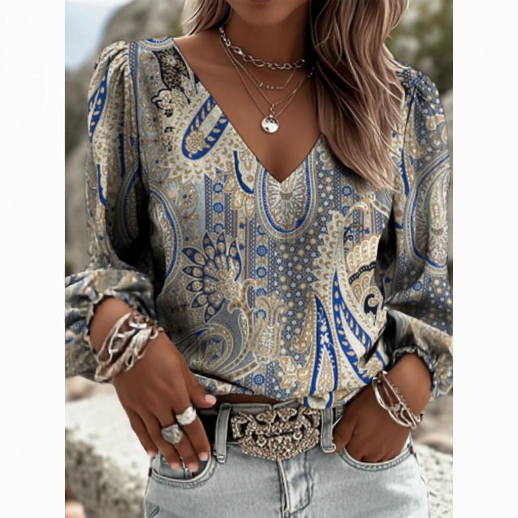 Printed Retro Western Style Shirt | V-neck Women's Vintage Floral Print Long-sleeved Top, Bohemian Style Lantern Sleeve Design