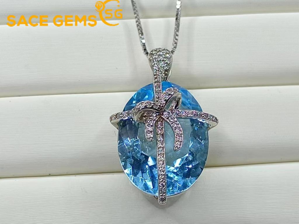 Přívěsek SACEGEMS 15*20mm Přírodní švýcarský modrý Topaz Přívěsek 925Sterling Silver Náhrdelník pro ženy Každodenní párty Jemný šperkový dárek