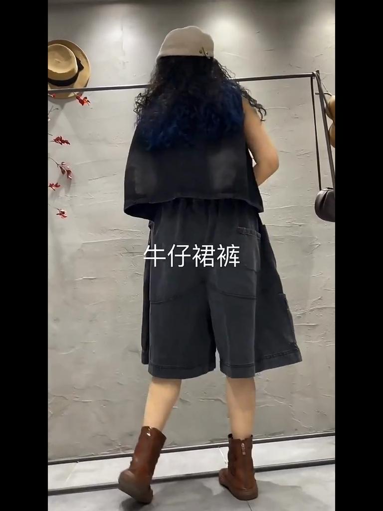 Black washed denim wide leg pants for women loose Casual denim shorts female fashion The five part pants are short pants women summer