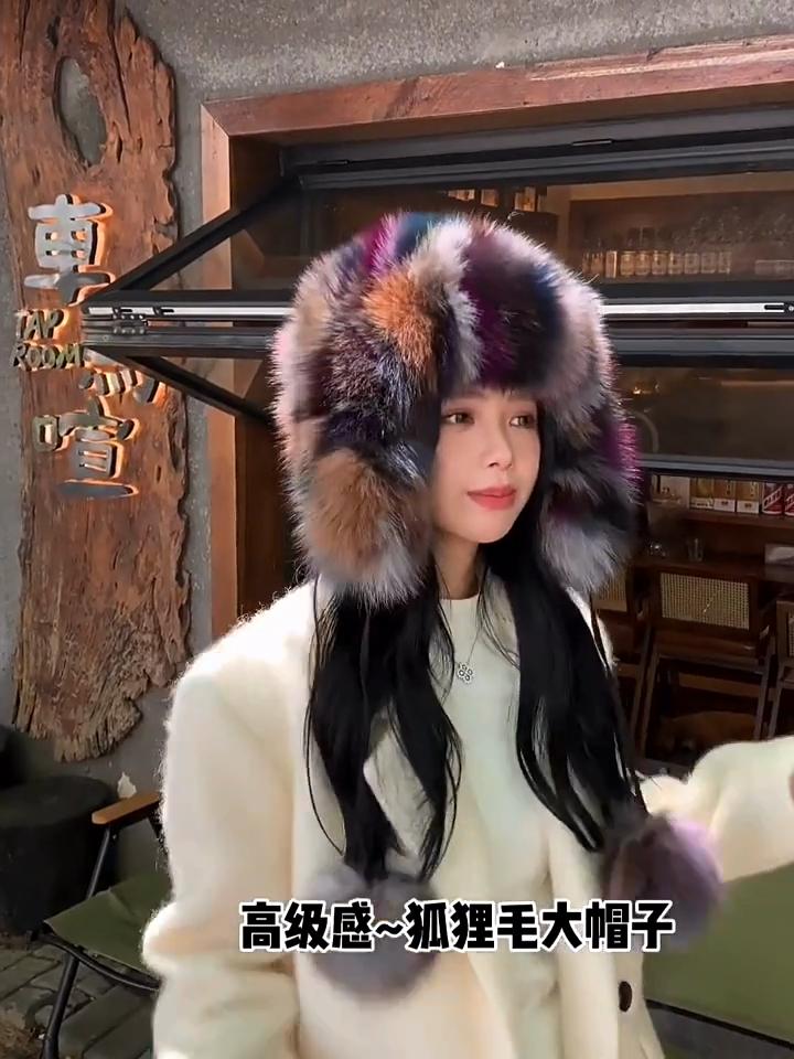 Real Fox Fur Ear Protection Hat Lei Feng Hat Cute Hairball Cold Cycling Hat Warm and Fleece Knitted Wool Hat Basin Hat