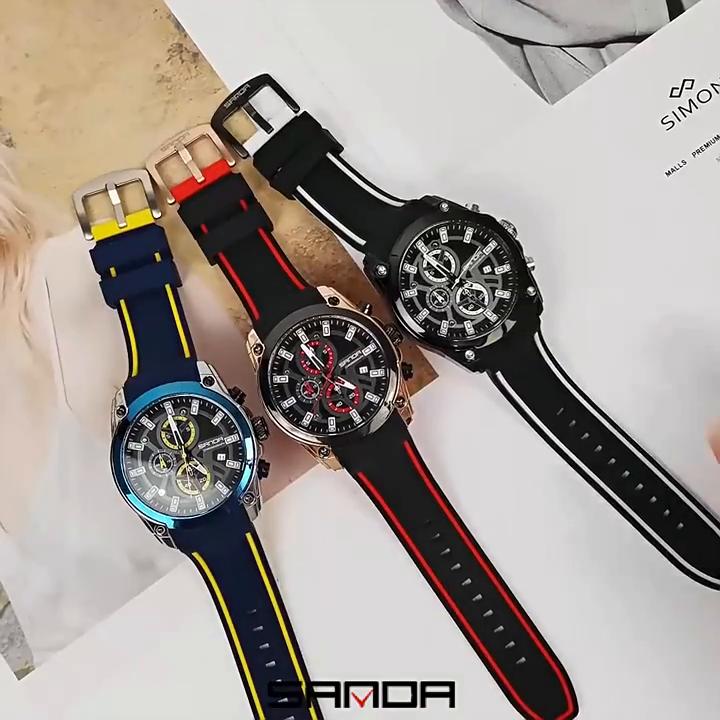 SANDA New Quartz Silicone Waterproof Three -eyed Six -pin Watch Fashion Minimalist Calendar Nail Scales