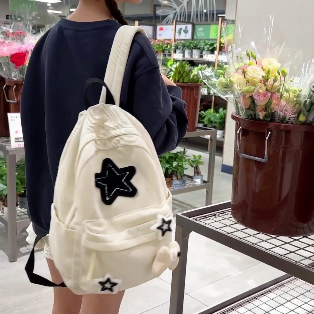 Corduroy School Bag Women's Large Capacity Star Backpack Student Lightweight Backpack