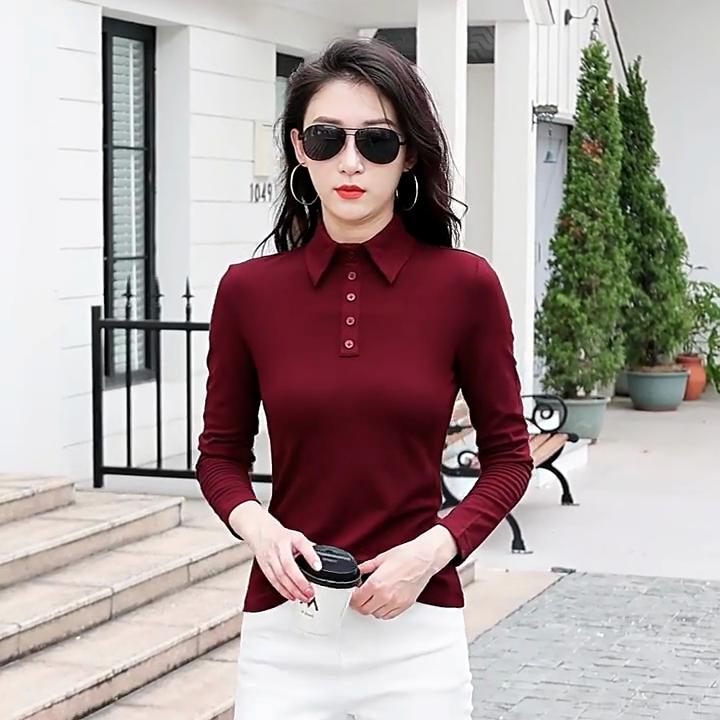 Women's Trendy T-shirt Lapel Cotton Comfortable Inner Wear Fashionable Women's Long-sleeved T-shirt Bottoming Shirt Slim Fit Top