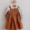 Girl Princess Dress Spring Autumn New Korean Kids Orange and Beige Retro Cotton Linen Embroidered Dresses Two Piece Set