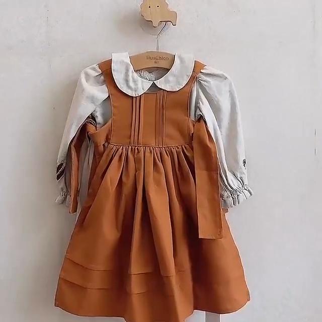 Girl Princess Dress Spring Autumn New Korean Kids Orange and Beige Retro Cotton Linen Embroidered Dresses Two Piece Set