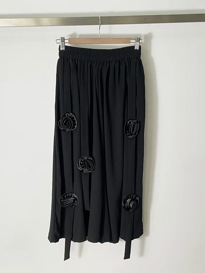XITAO Black Casual Wide Leg Pants Personality Three-dimensional Flower Splicing Decoration Women Pants Summer New LYD1890