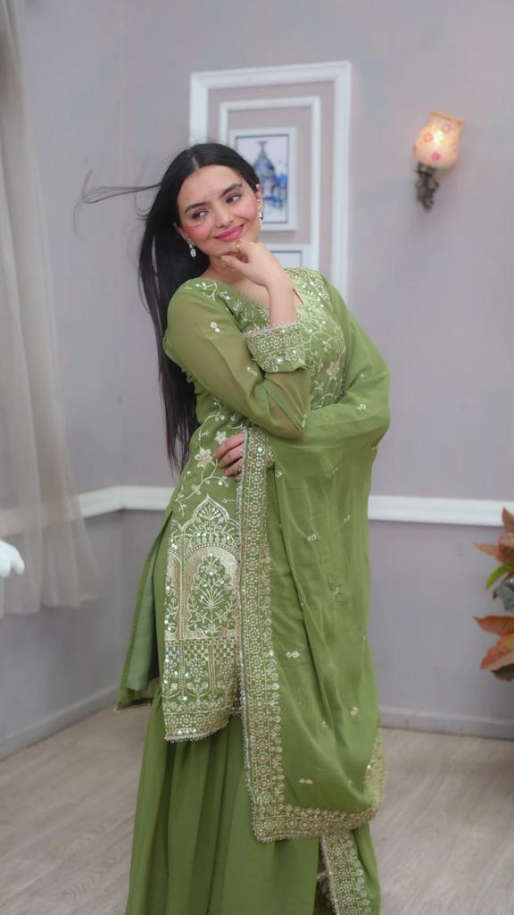 Presenting  New Designer Embroidered Fox Georgette Sharara Suit With Sequence Embroidered Work