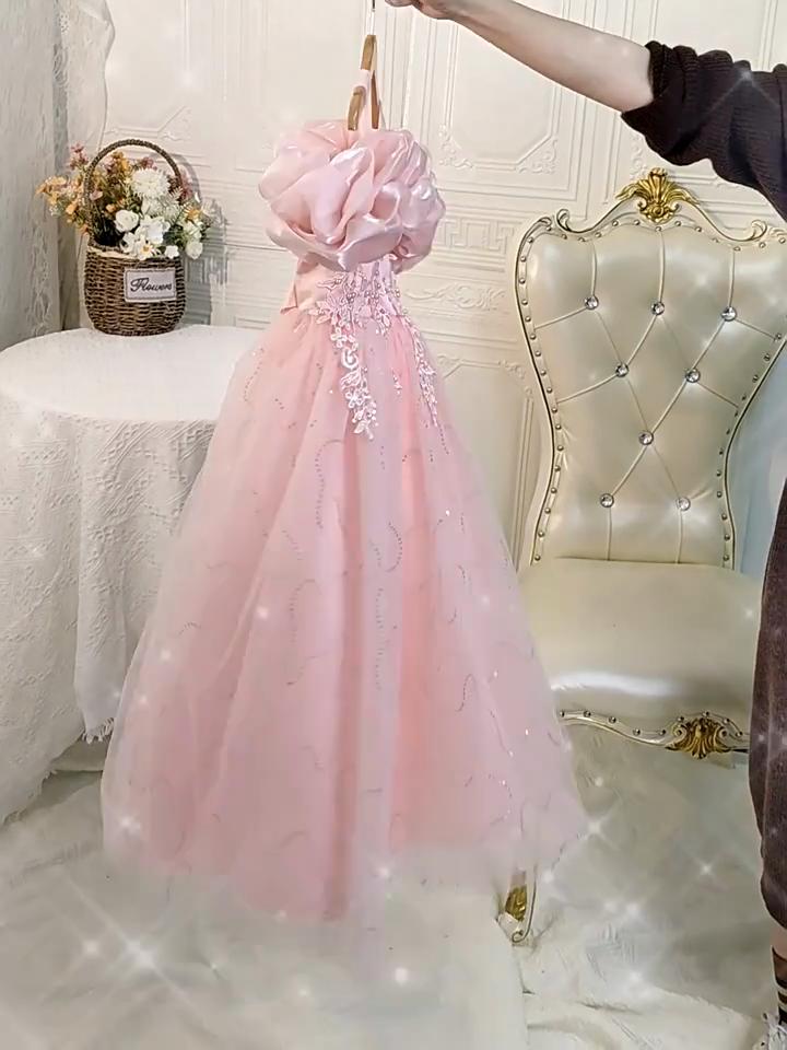 Abito da Principessa Ricamato con Perle per Bambina 4-12 Anni Moda Spalle Scoperte Manica a Sbuffo Abito in Rete Compleanno Matrimonio Damigella