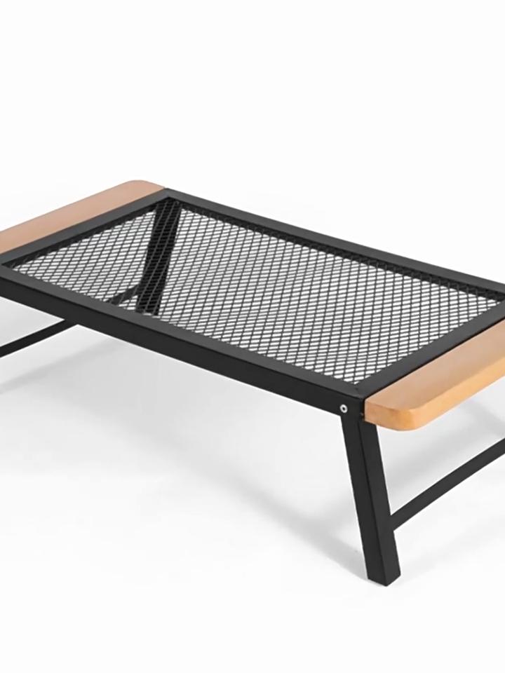 Portable Folding Camping Table with Solid Wood Top and Iron Mesh Surface Heat Resistant Outdoor Picnic Desk Lightweight for Backyard Beach