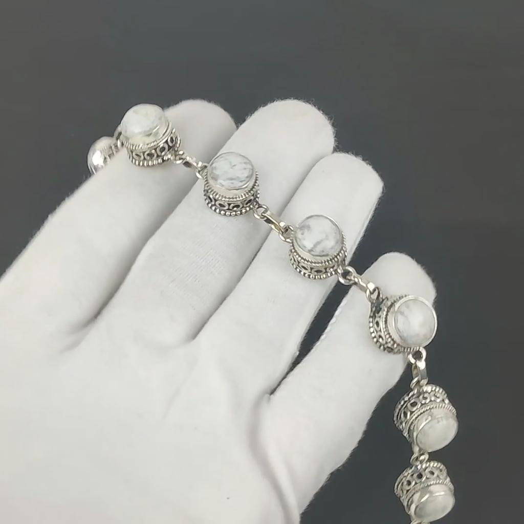 Natural Howlite Bracelet 925 Sterling Silver Bracelet Adjustable Chain Bracelet Handmade Boho Bracelet Howlite Gemstone Jewelry Engagement Gifts