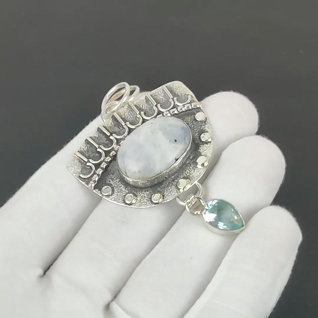 Mondstein Anhänger, 925 Sterling Silber Handgefertigter Schmuck, Blautopas Silberanhänger, Partyschmuck für Damen, Anhänger Jubiläumsgeschenk