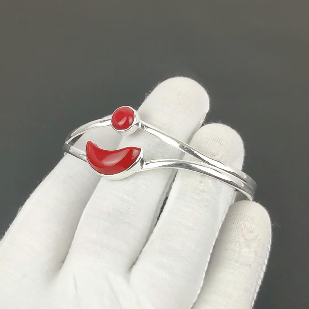 Natural Red Coral Gemstone Handmade Cuff Bangle 925 Sterling Silver Cuff Bangle, Red Coral Bracelet For Wife , Unisex Bangle, Women Gift