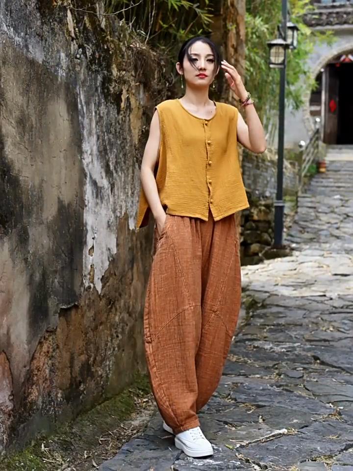 Johnature Women Vintage Bloomers Pants Elastic Waist Solid Color Spring Loose Cotton Ramie Women Patchwork Long Pants