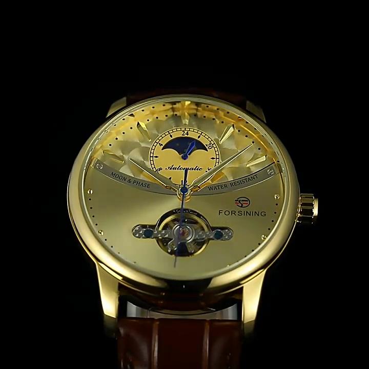 Forsining Luxury Automatic Mechanical Watches Mens Sun Moon Phase Tourbillon Watch Waterproof Men Wristwatch