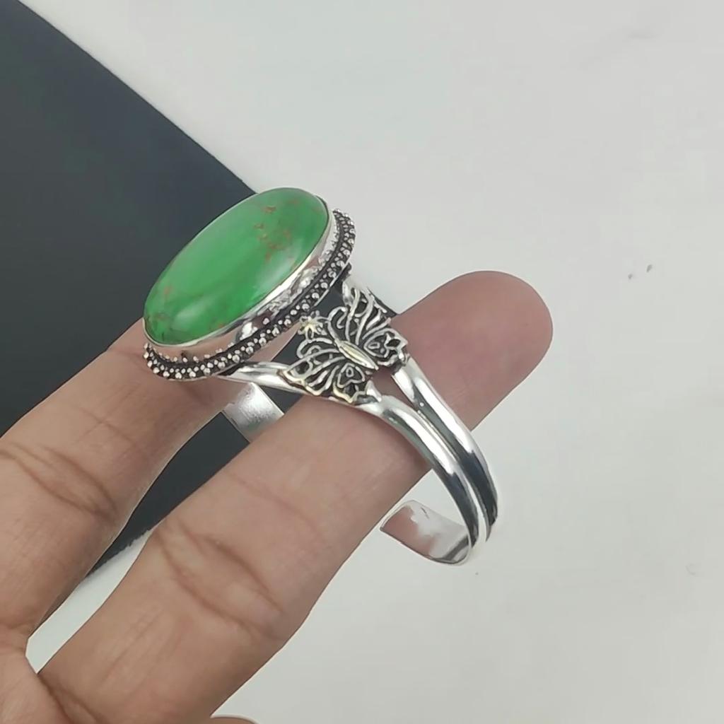 Natural Green Turquoise Gemstone Handmade 925 Sterling Silver Cuff Bangle, Green Turquoise Bangle,For Wife, Unisex Bangle, Gifts For Thanksgiving