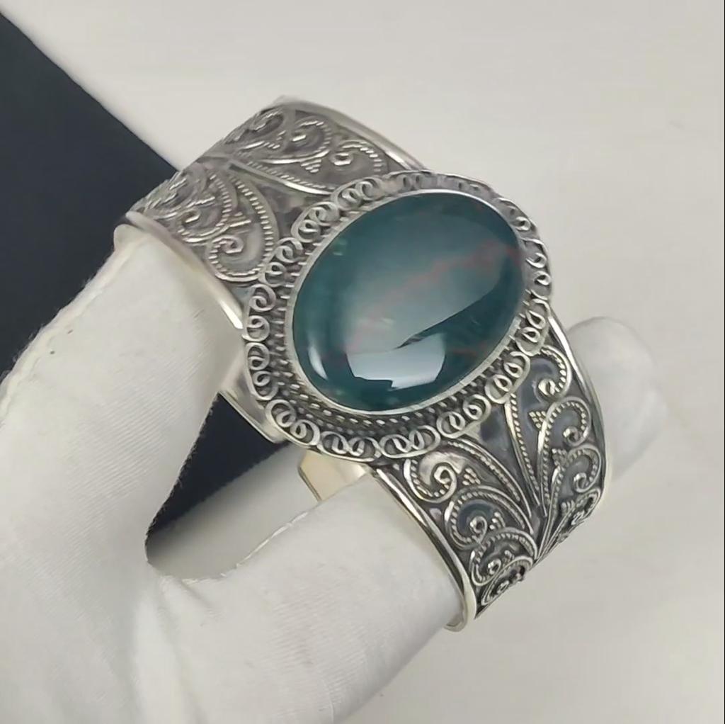 Natural Bloodstone Gemstone Handmade 925 Sterling Silver Cuff Bangle, Bloodstone Bangle,For Wife, Unisex Bangle, Thanksgiving Gifts