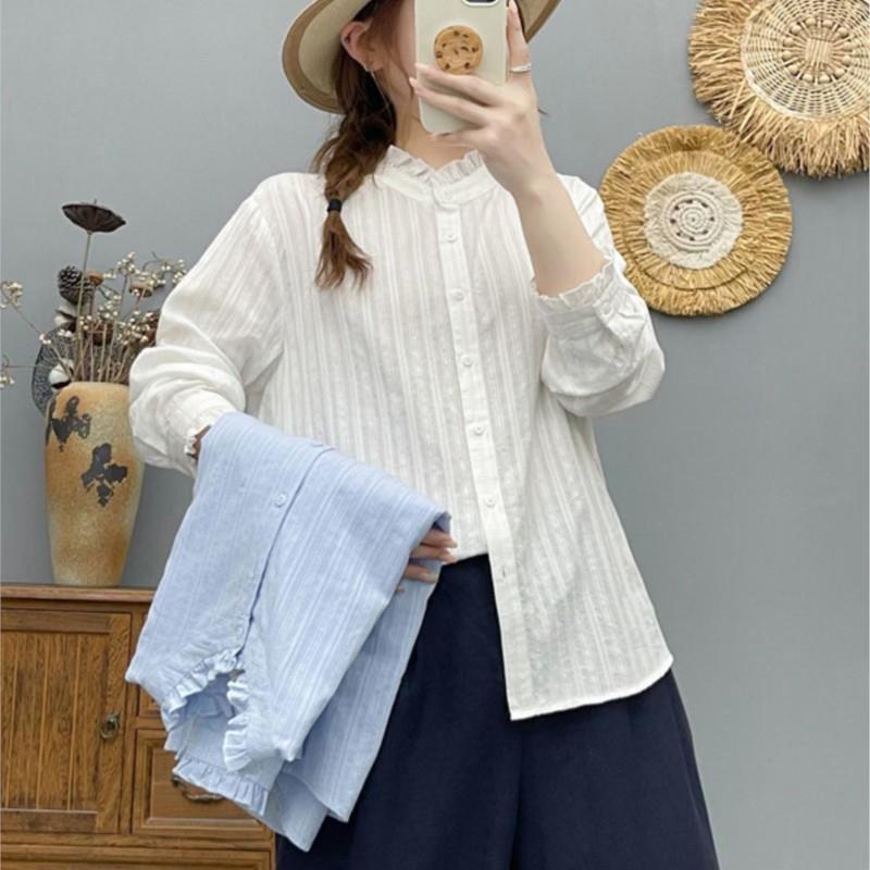Spring Autumn Women White Shirts Embroidery Blue Blouses Long Sleeve Casual Lady Tops Stand Collar Loose Female Clothes