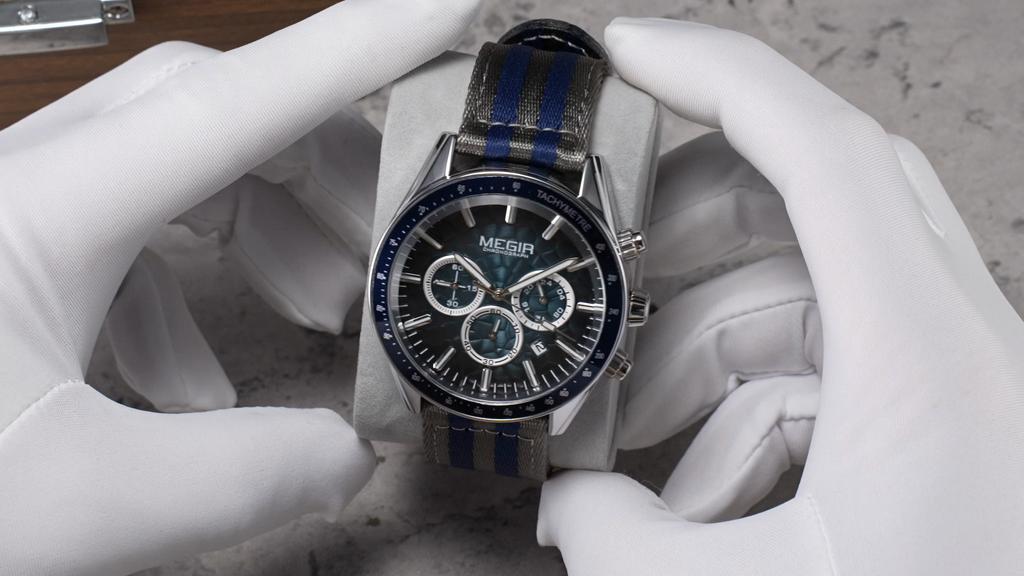 MEGIR Men's Sport Chronograph Watch, Outdoor Casual Quartz Wristwatch, 3ATM Water Resistance, Striped Canvas Band, Date Display