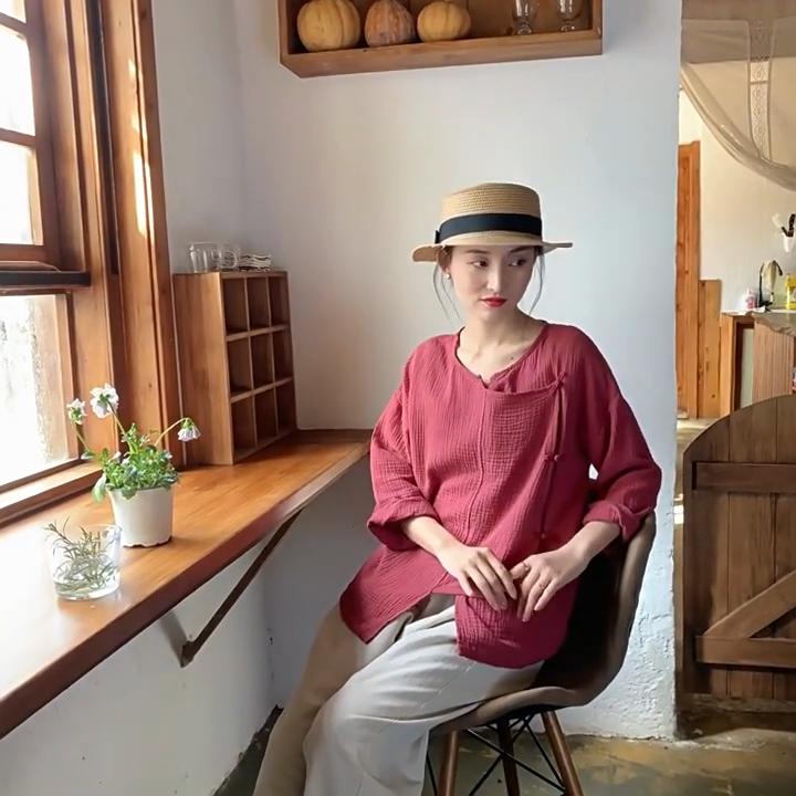 Johnature Women Vintage Cotton Shirts Tops V-Neck Long Sleeve Spring Blouses Solid Color Button Chinese Style Shirts