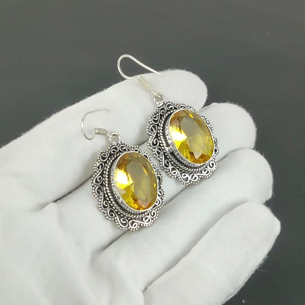 Wunderschöne Citrin Edelstein Ohrringe, 925 Sterling Silber Ohrringe, Handgefertigte Silberohrringe zum Verschenken, Citrin Hängeohrringe für Partykleidung Geschenk