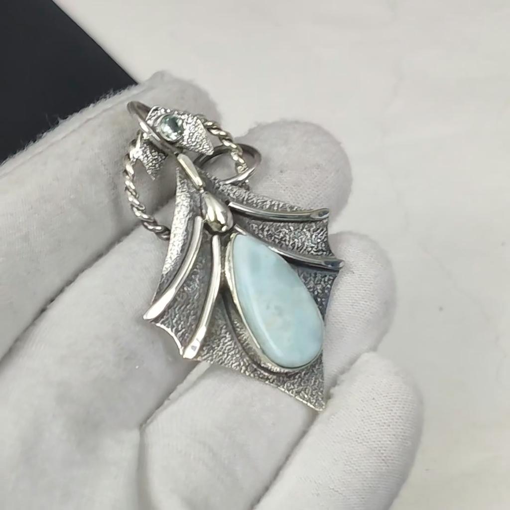 Natural Larimar Gemstone Silver Pendant In 925 Sterling Silver- Handmade Design, Everyday Wear Jewelry, Unique White Topaz Pendant Party Wear Gift