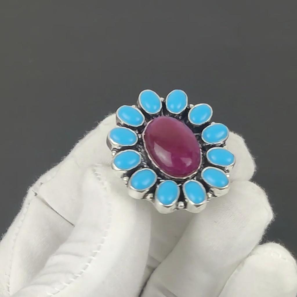 Anello con Rubino e Pietra Preziosa Turchese Dormiente, Anello in Argento Sterling 925, Regalo per Lei, Pietra Ovale, Elegante Anello Fatto a Mano, Anello in Argento a Fiore Regalo per la Moglie