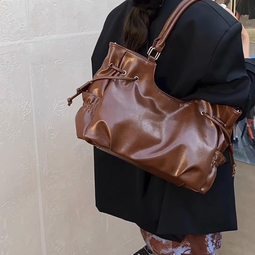 Large Capacity PU Tote Bag Women Fashion Shoulder Bag With Drawstring Detail Soft Texture Handbag Everyday Use