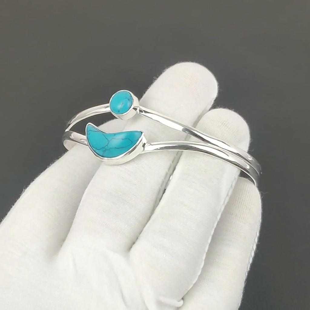 Dainty Turquoise Gemstone Handmade Cuff Bangle 925 Sterling Silver Cuff Bangle, Turquoise Bracelet For Wife, Unisex Bangle, Valentine's Day Gift