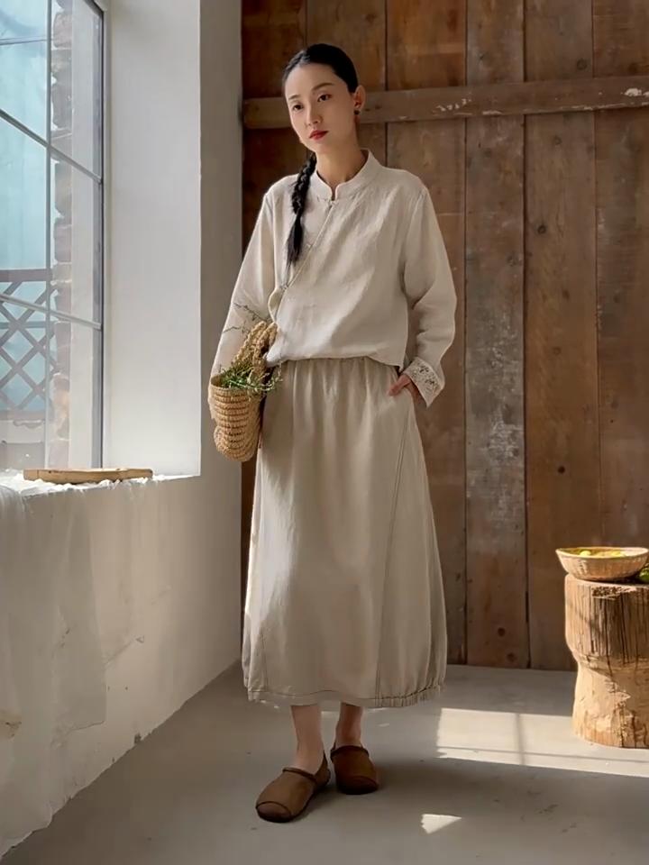 Johnature Women Vintage Skirts Solid Color Elastic Waist Cloths Spring Pockets A-Line Soft Skirts