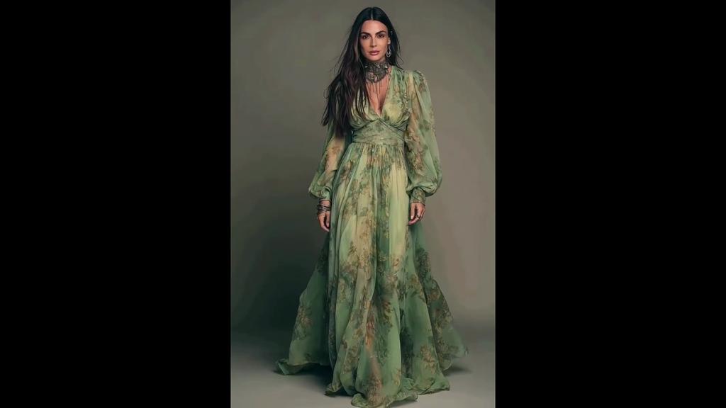 Green Bohemian Print V-neck Long Sleeve Dress, Pastoral Style Women Casual Dress