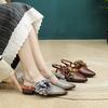 Johnature Genuine Leather French Flower Pointed Toe Sandals Retro Versatile Women's Low Heel Shoes