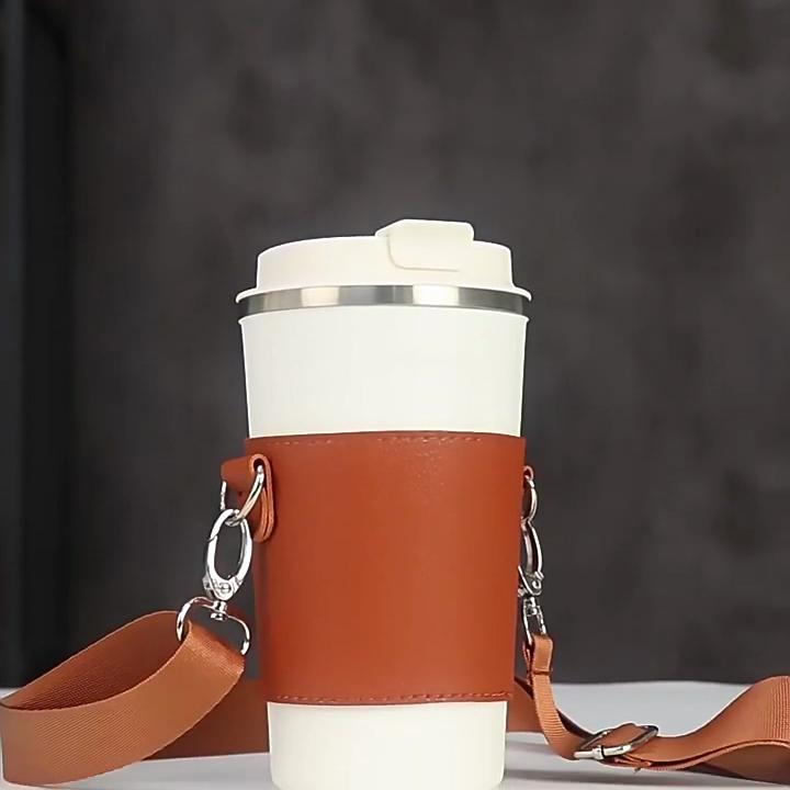 Borsa Porta Tazza Staccabile Resistente al Calore Anti-scottatura Regolabile Cinturino Portatile da Mano Finta