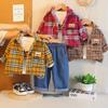 Boys' Long Sleeved 3-piece Set, 0-5-year-old Children's Checkered Shirt Jacket, White T-shirt, Casual Denim Pants, High-quality Clothes