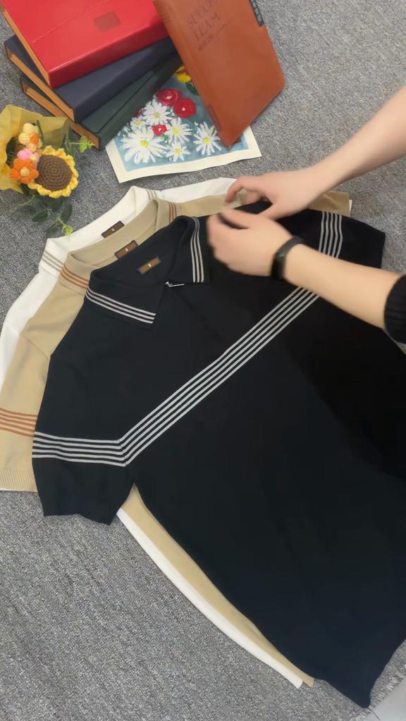 Men Striped Business Casual Polo Shirts Breathable Short Sleeve Comfort Summer Knitted Polo Men